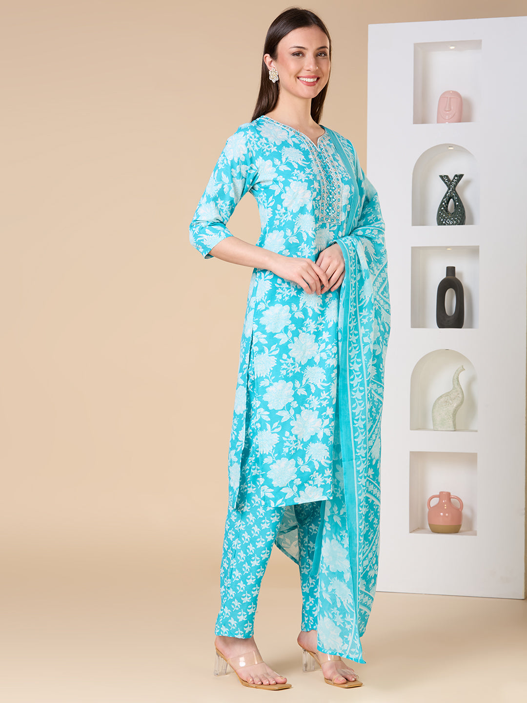 Ethnic Floral Printed Embroidered Straight Fit Kurta with Pant and Dupatta - Turquoise Blue