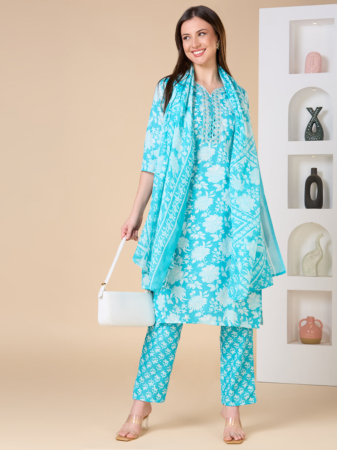 Ethnic Floral Printed Embroidered Straight Fit Kurta with Pant and Dupatta - Turquoise Blue