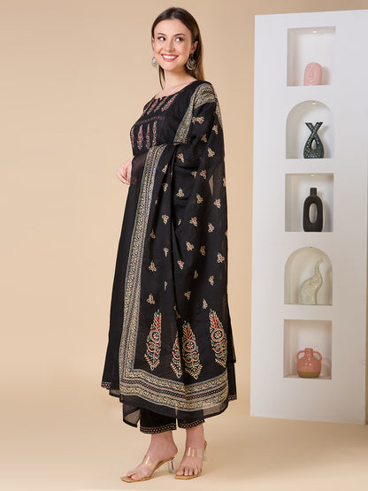 Ethnic Floral Printed & Embroidered Anarkali Kurta with Pant & Dupatta - Black