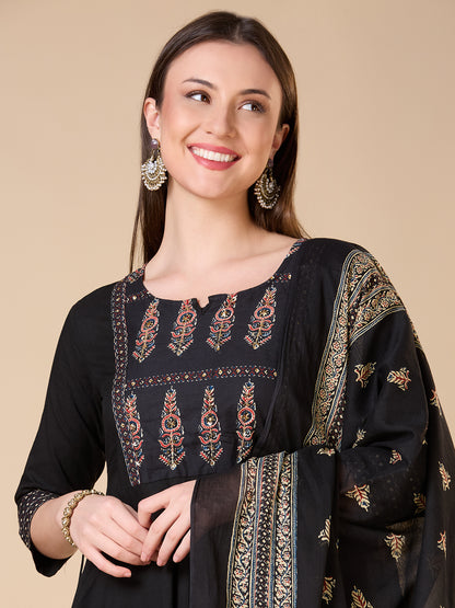 Ethnic Floral Printed & Embroidered Anarkali Kurta with Pant & Dupatta - Black