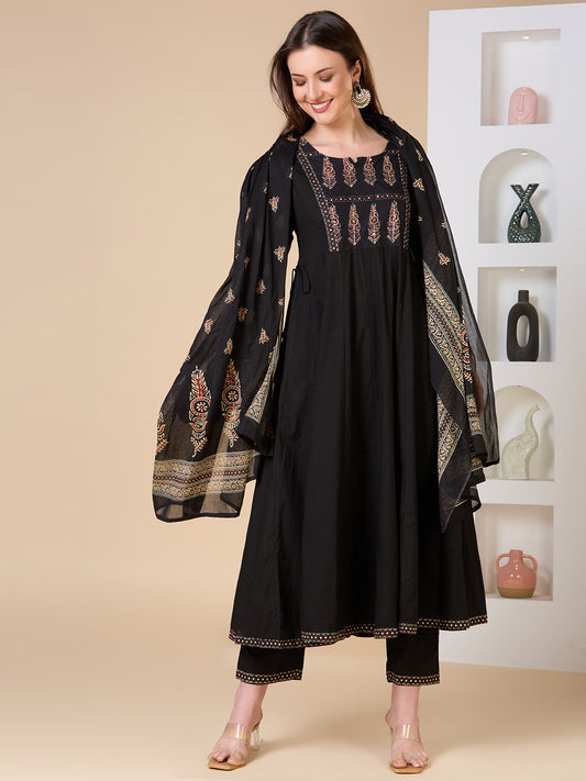 Ethnic Floral Printed & Embroidered Anarkali Kurta with Pant & Dupatta - Black