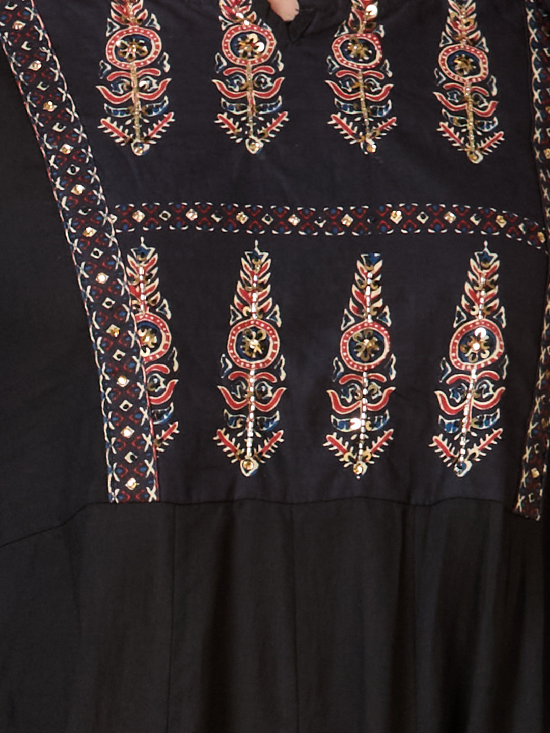 Ethnic Floral Printed & Embroidered Anarkali Kurta with Pant & Dupatta - Black