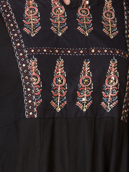 Ethnic Floral Printed & Embroidered Anarkali Kurta with Pant & Dupatta - Black