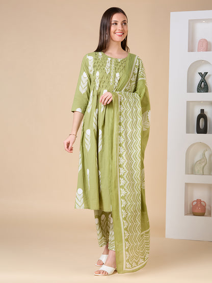 Floral Printed A-Line Shell Tucked Kurta with Palazzo & Dupatta - Green