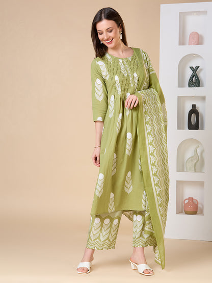 Floral Printed A-Line Shell Tucked Kurta with Palazzo & Dupatta - Green