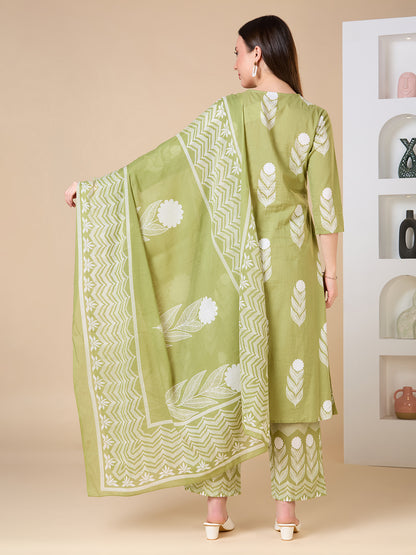 Floral Printed A-Line Shell Tucked Kurta with Palazzo & Dupatta - Green