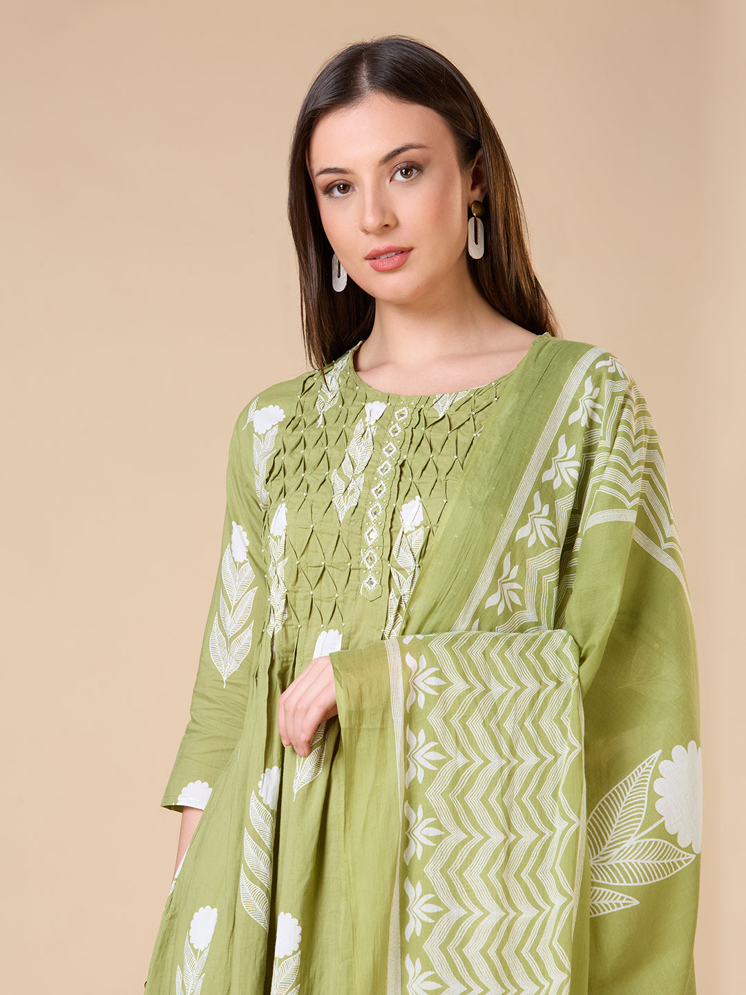 Floral Printed A-Line Shell Tucked Kurta with Palazzo & Dupatta - Green