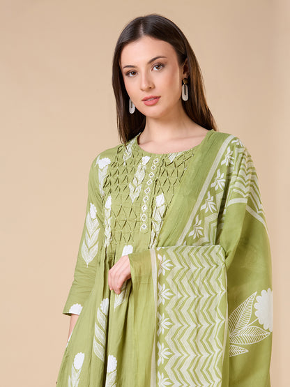 Floral Printed A-Line Shell Tucked Kurta with Palazzo & Dupatta - Green