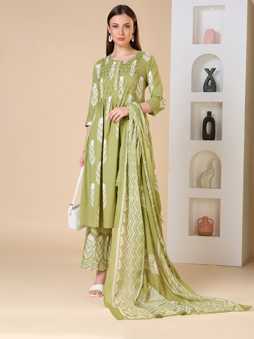 Floral Printed A-Line Shell Tucked Kurta with Palazzo & Dupatta - Green