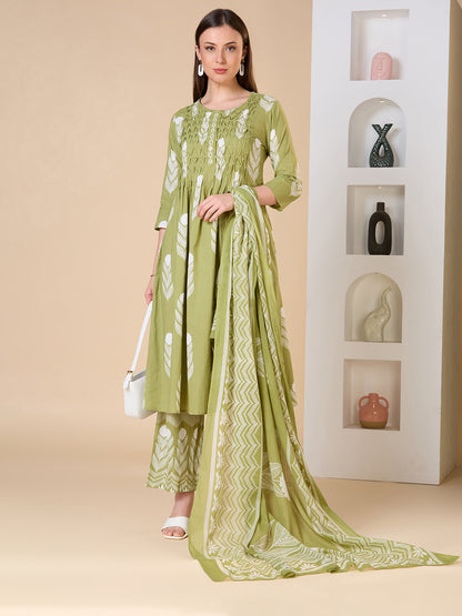 Floral Printed A-Line Shell Tucked Kurta with Palazzo & Dupatta - Green