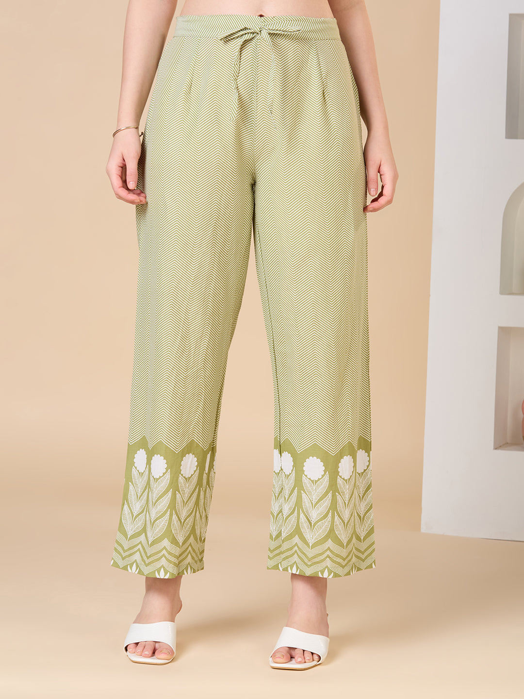 Floral Printed A-Line Shell Tucked Kurta with Palazzo & Dupatta - Green