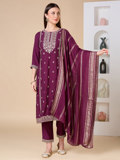 Solid Ethnic Zari Embroidered Straight Fit Kurta with Pant & Dupatta - Burgundy