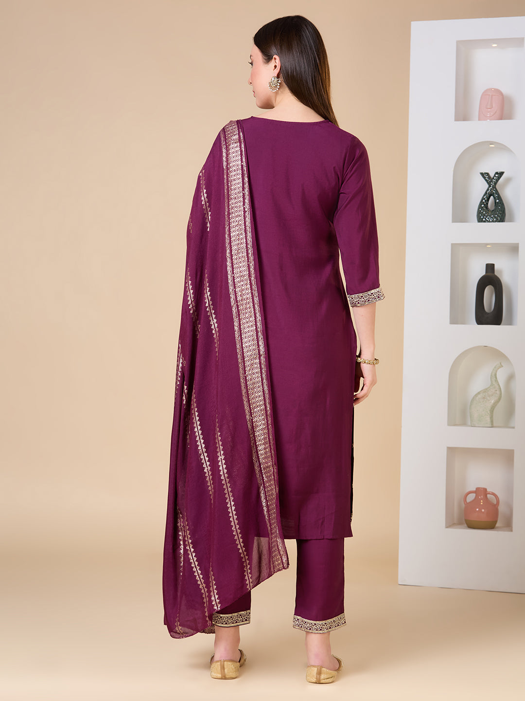 Solid Ethnic Zari Embroidered Straight Fit Kurta with Pant & Dupatta - Burgundy