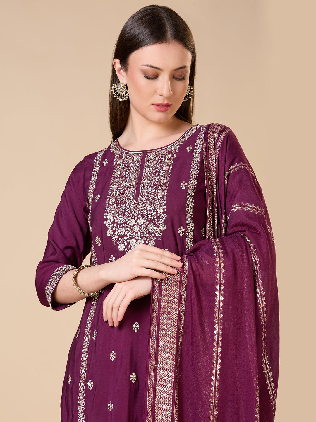 Solid Ethnic Zari Embroidered Straight Fit Kurta with Pant & Dupatta - Burgundy
