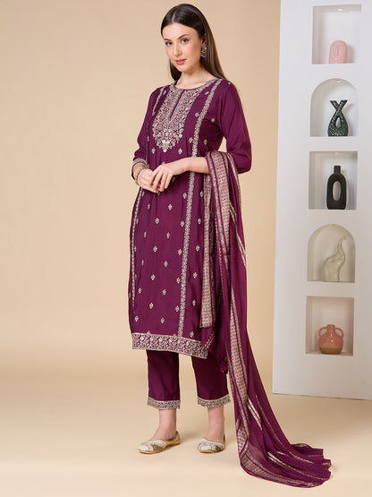 Solid Ethnic Zari Embroidered Straight Fit Kurta with Pant & Dupatta - Burgundy