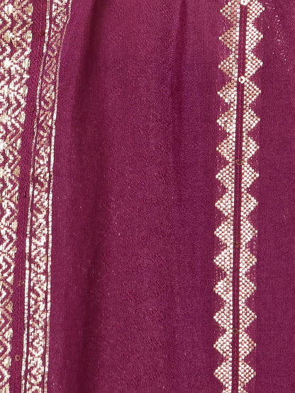 Solid Ethnic Zari Embroidered Straight Fit Kurta with Pant & Dupatta - Burgundy