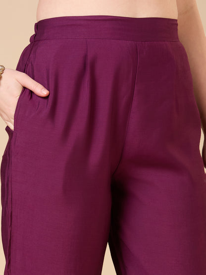 Solid Ethnic Zari Embroidered Straight Fit Kurta with Pant & Dupatta - Burgundy