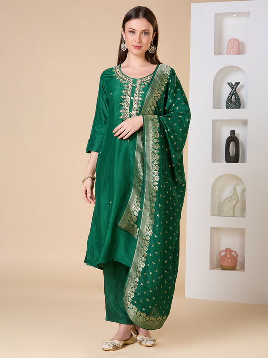 Floral Woven & Hand Embroidered Straight Kurta with Pant & Dupatta - Green