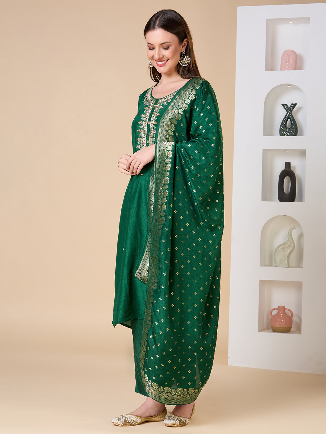 Floral Woven & Hand Embroidered Straight Kurta with Pant & Dupatta - Green