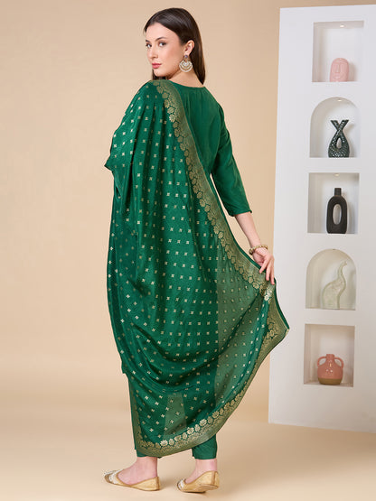 Floral Woven & Hand Embroidered Straight Kurta with Pant & Dupatta - Green