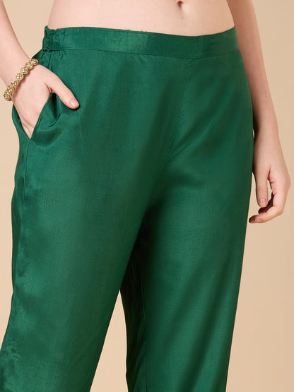 Floral Woven & Hand Embroidered Straight Kurta with Pant & Dupatta - Green