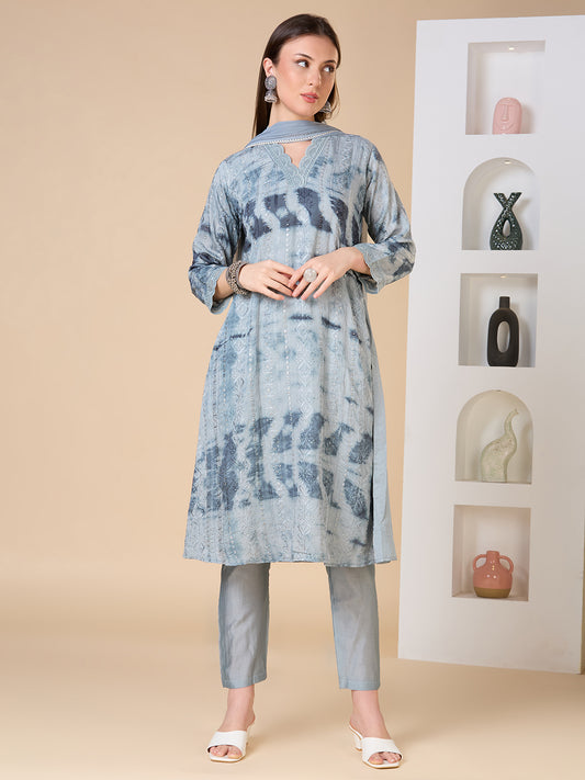 Solid Floral Embroidered A-Line Kurta with Pant and Dupatta - Grey