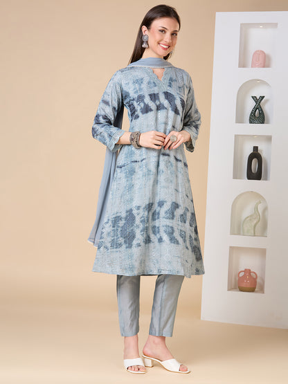 Solid Floral Embroidered A-Line Kurta with Pant and Dupatta - Grey
