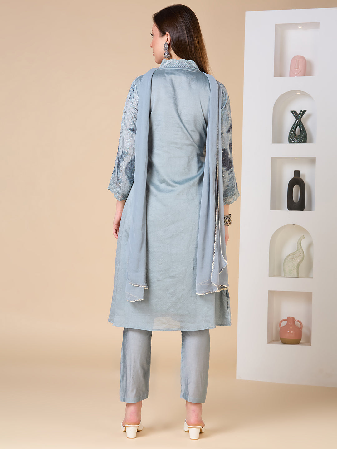 Solid Floral Embroidered A-Line Kurta with Pant and Dupatta - Grey