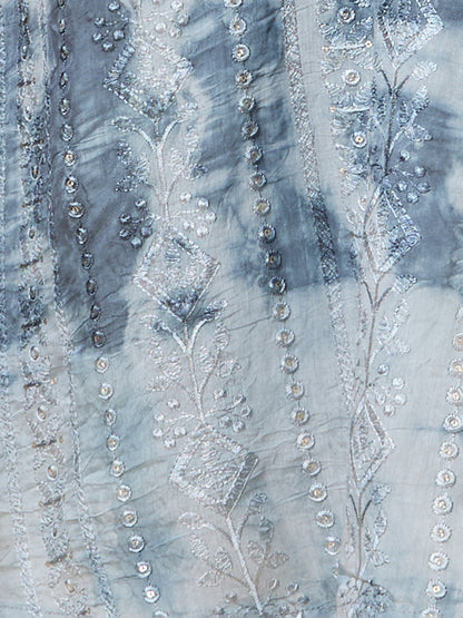 Solid Floral Embroidered A-Line Kurta with Pant and Dupatta - Grey