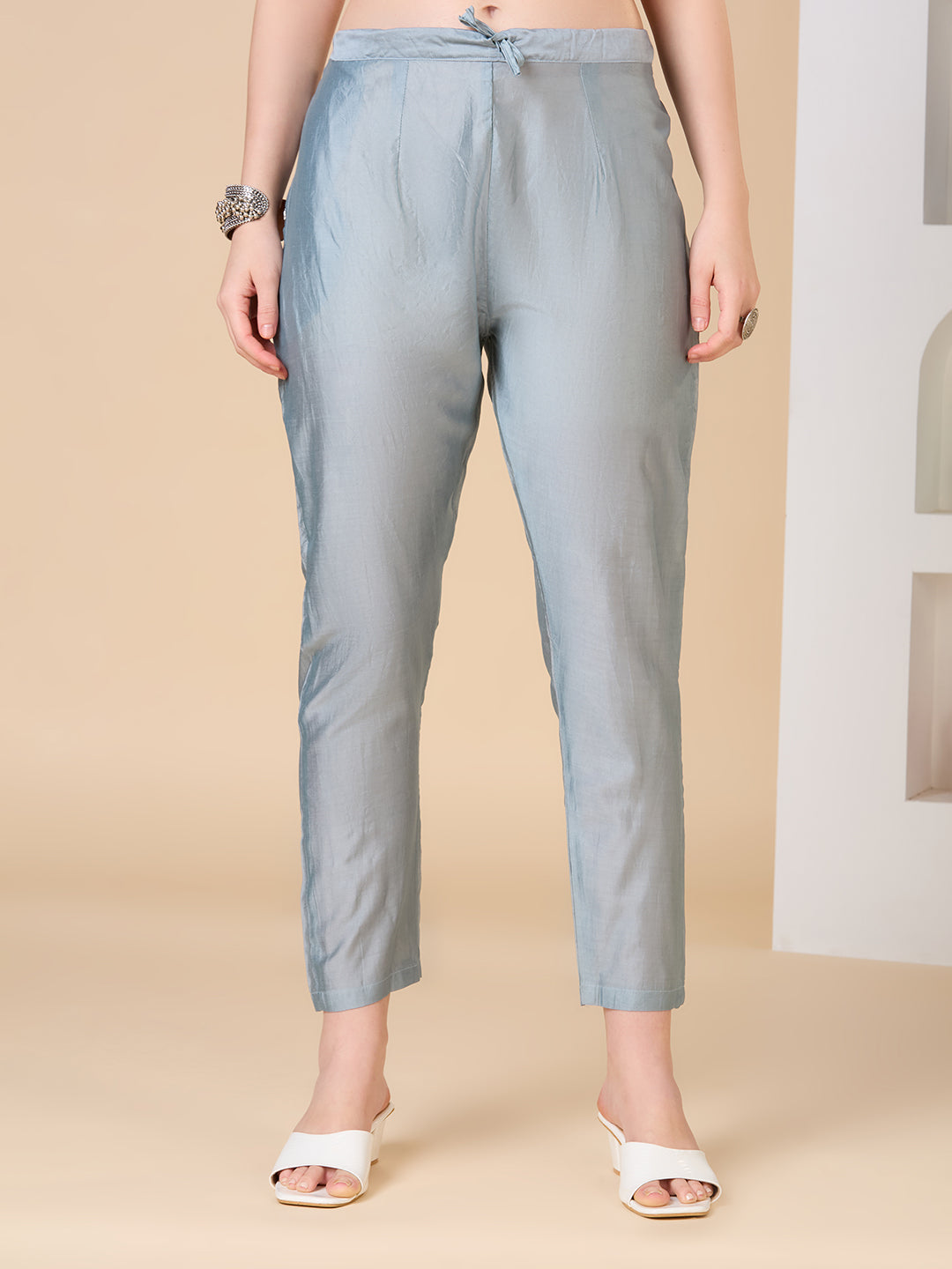 Solid Floral Embroidered A-Line Kurta with Pant and Dupatta - Grey