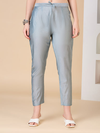 Solid Floral Embroidered A-Line Kurta with Pant and Dupatta - Grey