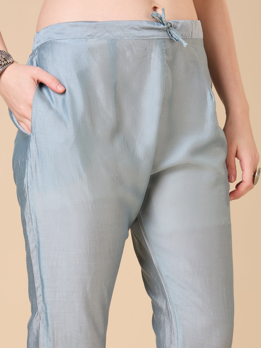 Solid Floral Embroidered A-Line Kurta with Pant and Dupatta - Grey