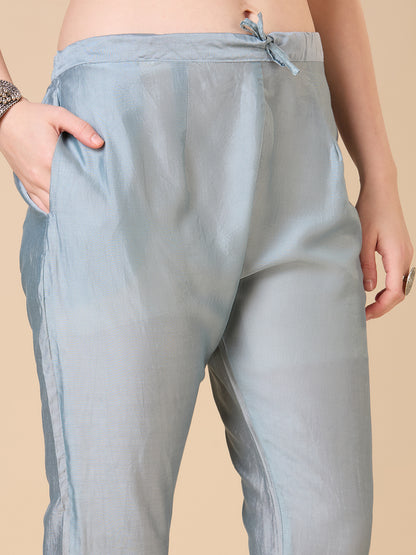 Solid Floral Embroidered A-Line Kurta with Pant and Dupatta - Grey