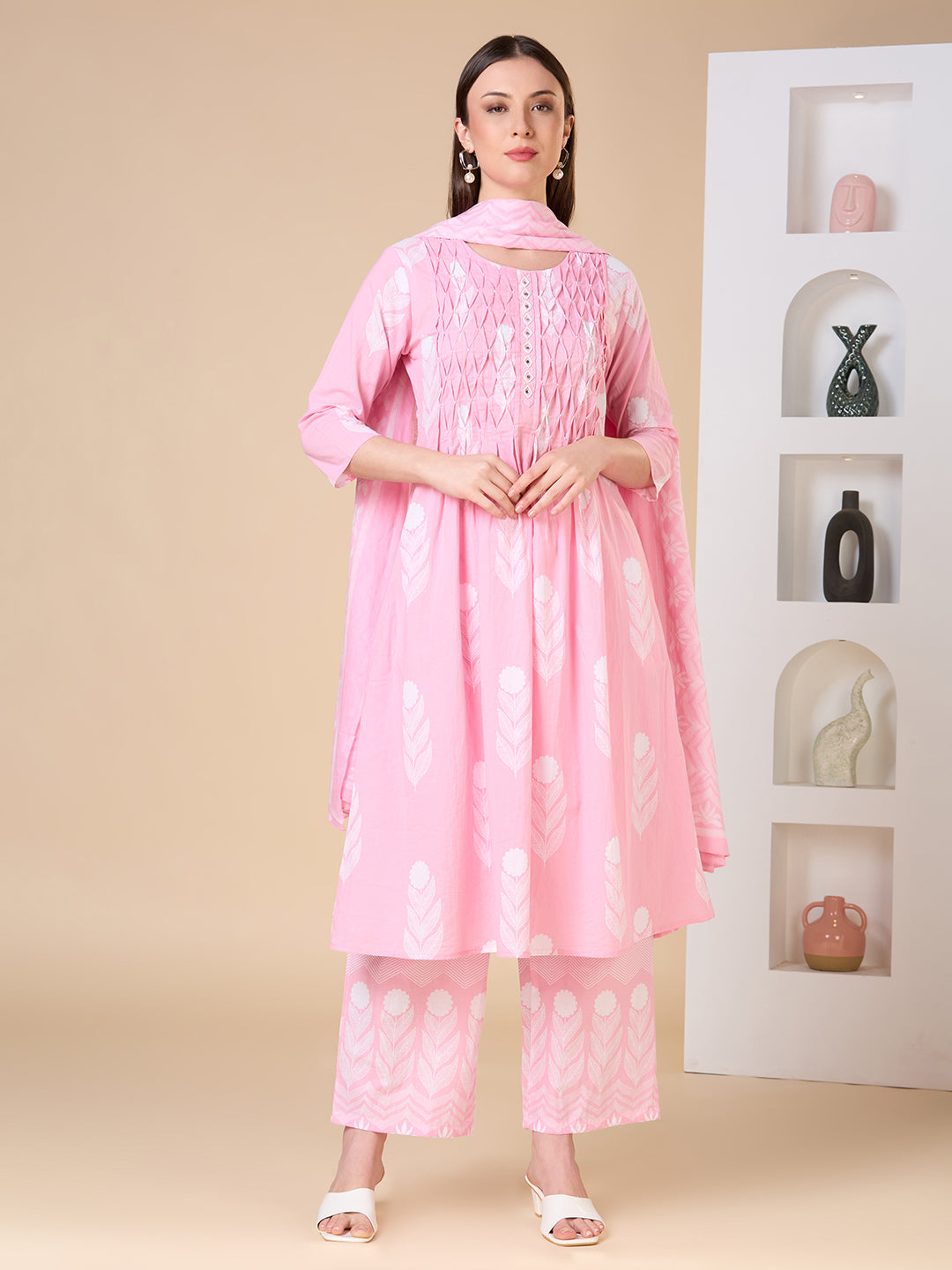 Floral Printed A-Line Shell Tucked Kurta with Palazzo & Dupatta - Pink
