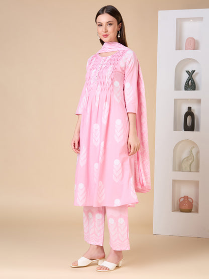 Floral Printed A-Line Shell Tucked Kurta with Palazzo & Dupatta - Pink