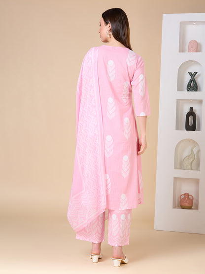 Floral Printed A-Line Shell Tucked Kurta with Palazzo & Dupatta - Pink