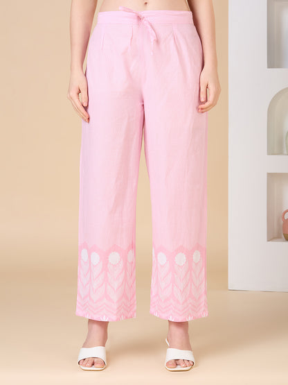 Floral Printed A-Line Shell Tucked Kurta with Palazzo & Dupatta - Pink