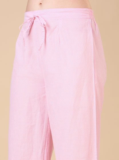 Floral Printed A-Line Shell Tucked Kurta with Palazzo & Dupatta - Pink