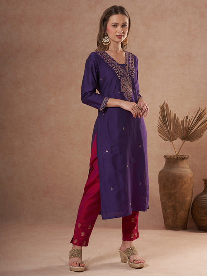 Solid Zari & Sequin Embroidered Straight Fit Kurta - Purple