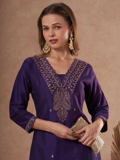 Solid Zari & Sequin Embroidered Straight Fit Kurta - Purple