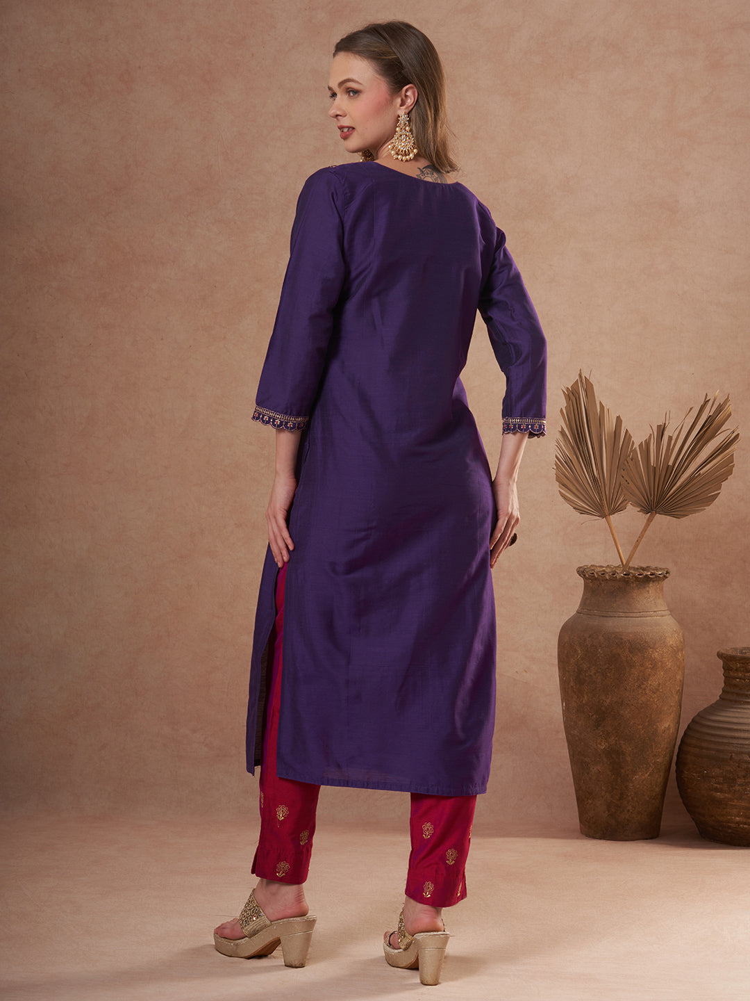 Solid Zari & Sequin Embroidered Straight Fit Kurta - Purple