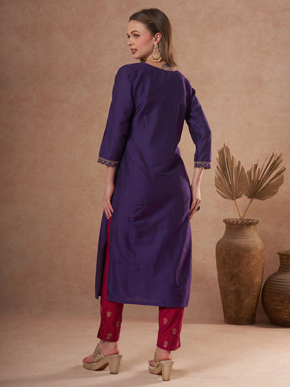 Solid Zari & Sequin Embroidered Straight Fit Kurta - Purple