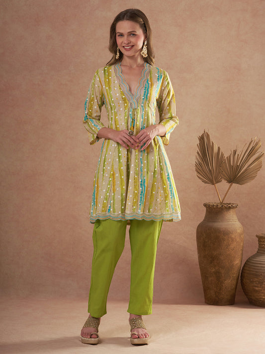 Ethnic Foil Stripes Printed A-Line Paneled Kurta with Pant - Multi