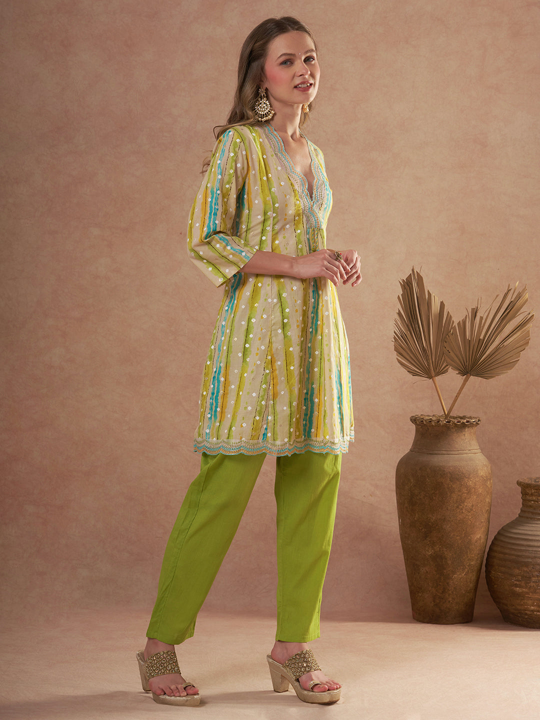 Ethnic Foil Stripes Printed A-Line Paneled Kurta with Pant - Multi
