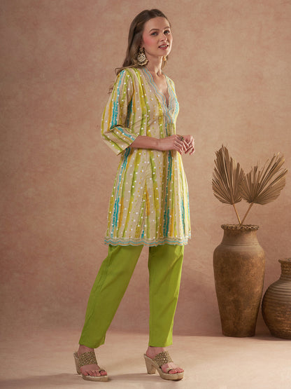 Ethnic Foil Stripes Printed A-Line Paneled Kurta with Pant - Multi