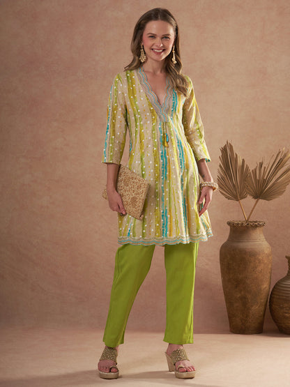 Ethnic Foil Stripes Printed A-Line Paneled Kurta with Pant - Multi