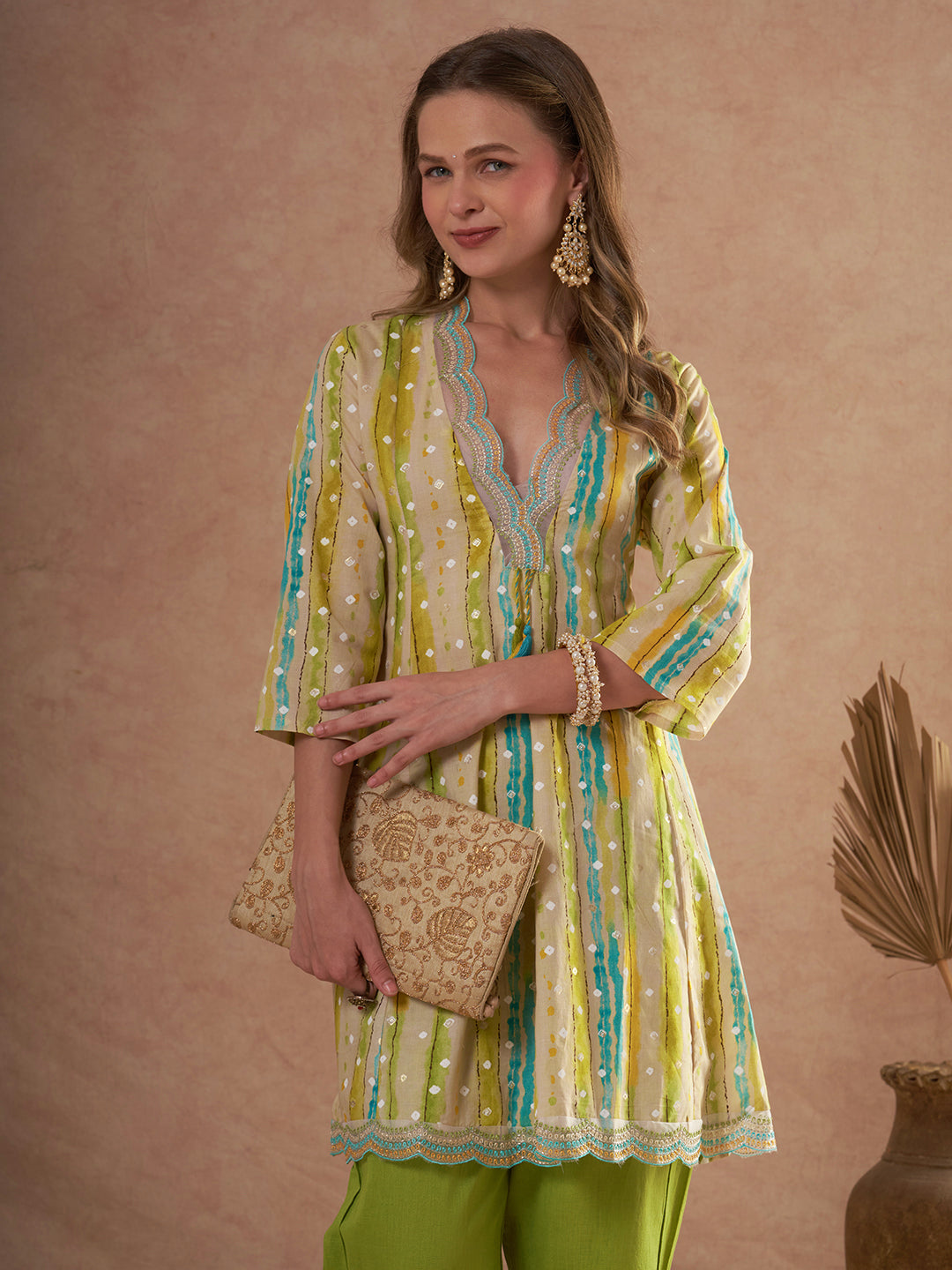 Ethnic Foil Stripes Printed A-Line Paneled Kurta with Pant - Multi