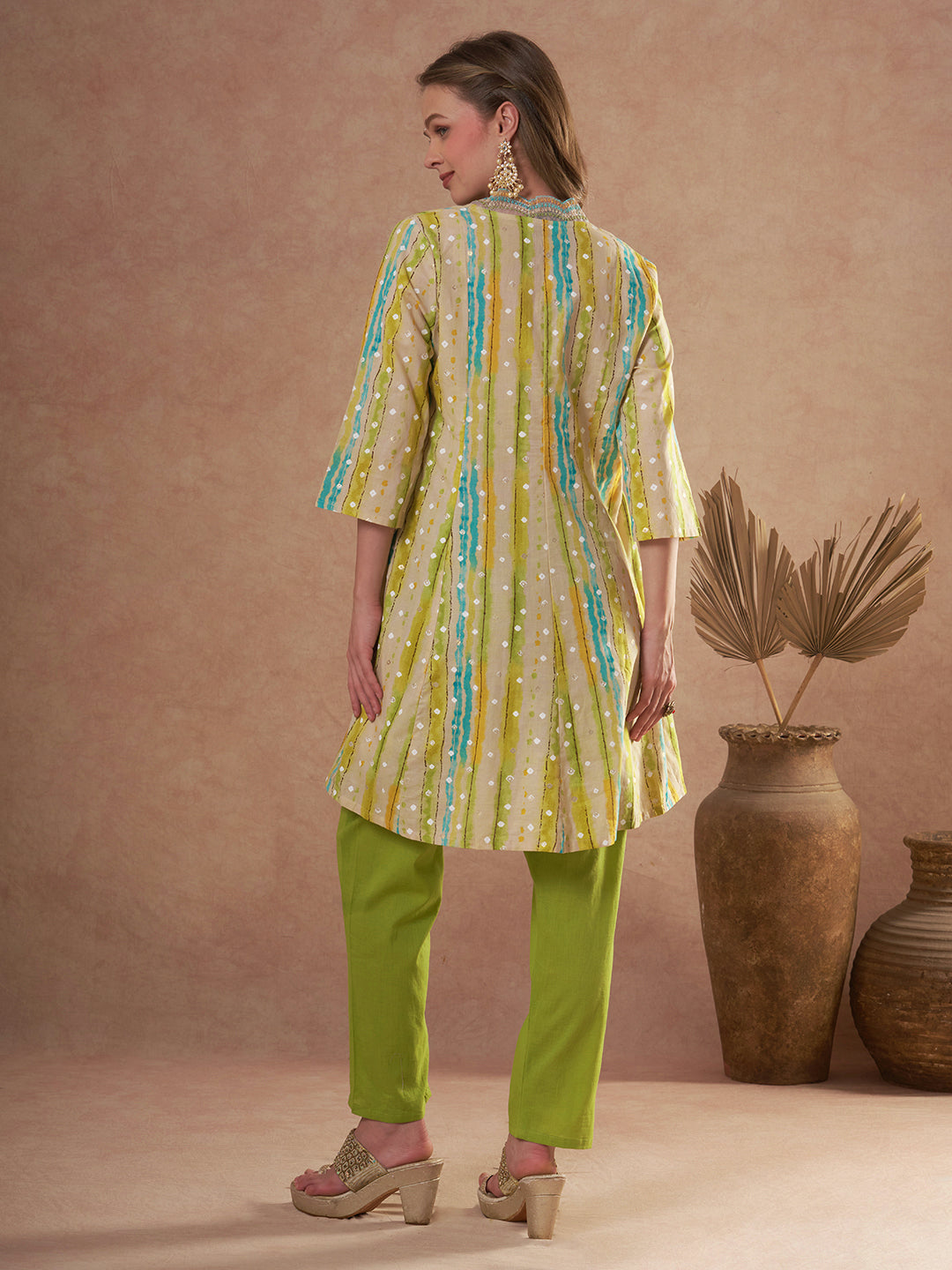 Ethnic Foil Stripes Printed A-Line Paneled Kurta with Pant - Multi