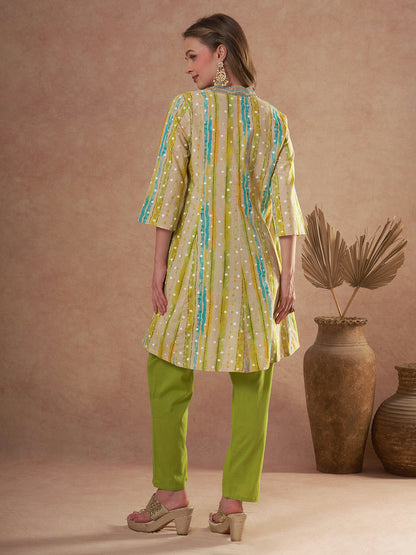 Ethnic Foil Stripes Printed A-Line Paneled Kurta with Pant - Multi