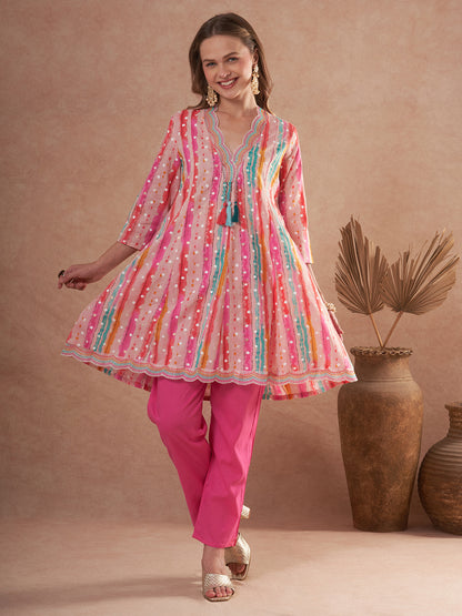 Ethnic Foil Stripes Printed A-Line Paneled Kurta with Pant - Multi